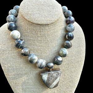 VTG Starborn Anasazi Pottery Silver Leaf Jasper Stone Sterling Choker Necklace